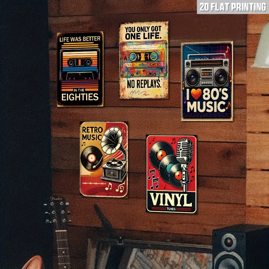 5pcs Vintage Vinyl Record Metal Tin Sign Set - 8x12in Retro Music Plaque with 80s&90s Tracks, Durable Home Decor, Room Decor for Study, Adult Men's Stuff Collectible Gift (Wardrobe-Friendly Home Supply)