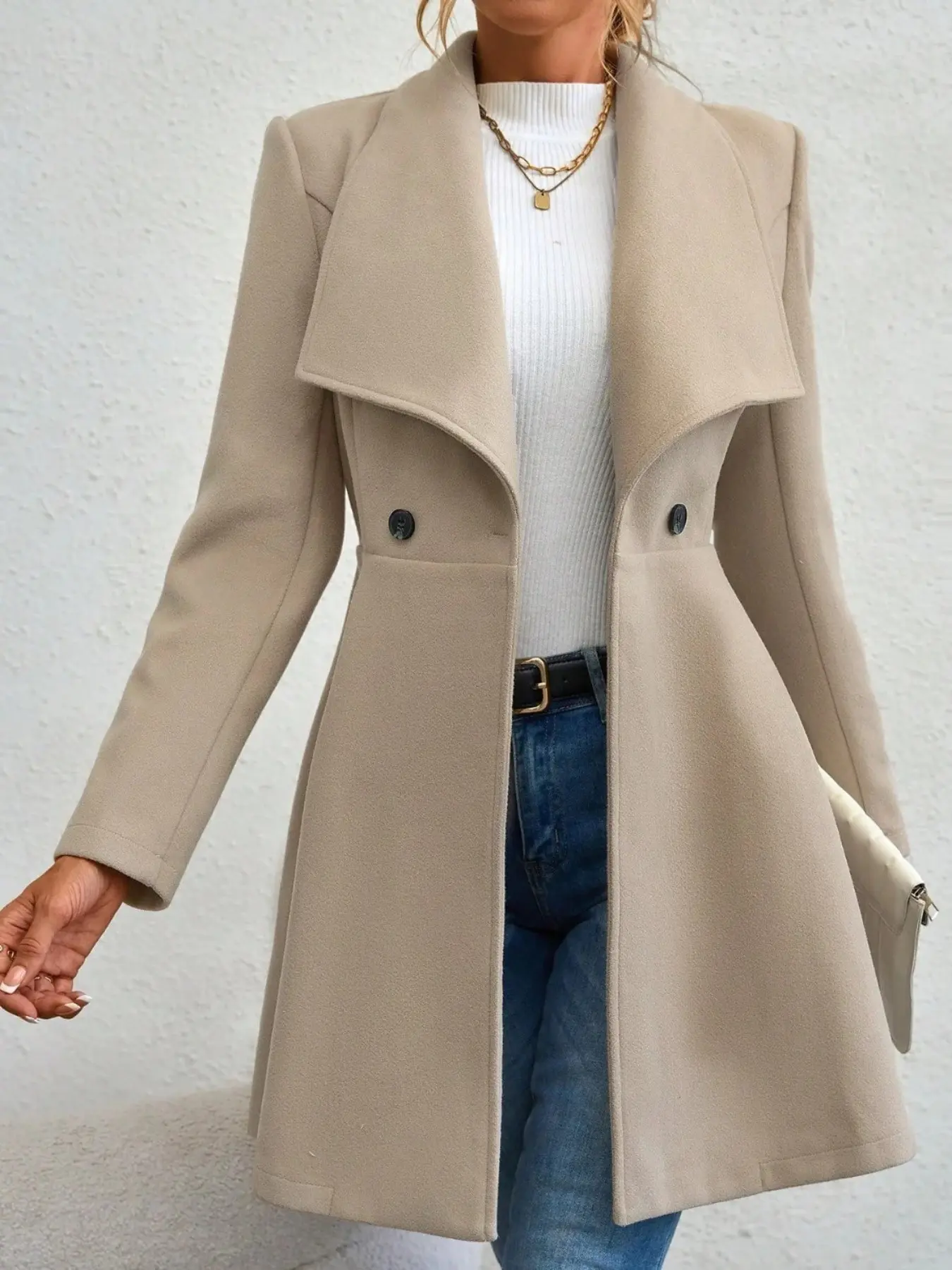 Women's Wool Blend Fitted Jackets & Coat, Pure Color Lapel Design, Long Sleeves, Dual Button Closure, Fall & Winter Outerwear, Elegant Women's Clothing