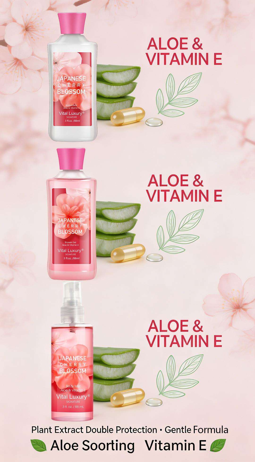 Mother's Day Gift-Vital Luxury Japanese Sakura Bath &Body Travel Set  – 3oz Shower Gel, 3oz Body Lotion, 3oz Body Mist | Silky Lather, All-Day Freshness, Moisturizing & Revitalizing | Ideal Gift for Mom, Wife, Sister & Girlfriend