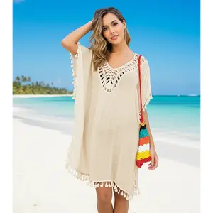 Bohemian Crochet Swimsuit Cover Up, Short Tassel Beach Dress for Summer, Women’s V Neck Crochet Lace Beach Top