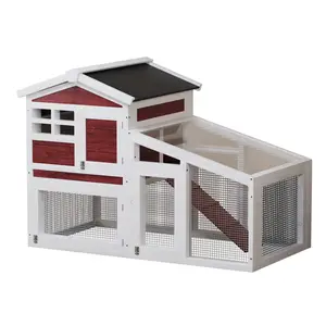 Wooden Rabbit Hutch Indoor and Outdoor, Rabbit Cage with Removable Wire Netting and Leak Proof Tray, Weatherproof Bunny Cage with Anti-Chew Metal Frame Ramp for Small Animals Rufous White