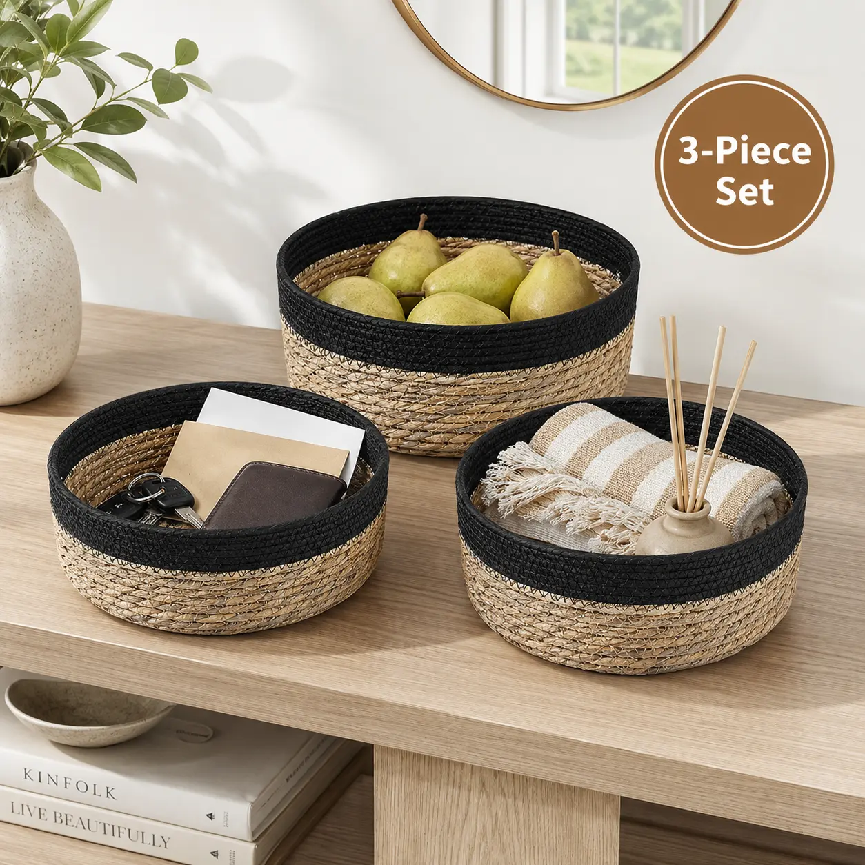 Round Rattan Baskets Set for Organizing Wicker Storage Basket for Fruit, Bread Serving Basket Decorative Basket for Gift Boho Basket, Countertop Baskets for Pantry and Bathroom