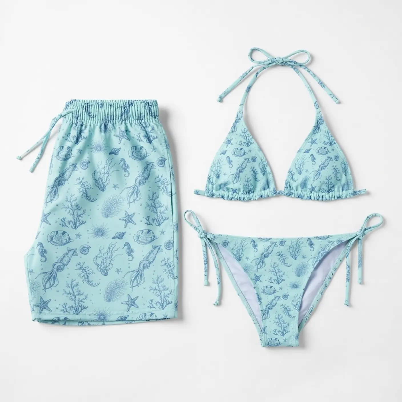 Tiffany Blue Ocean Sea Life Matching Couple Swimwear Set, Beachy Starfish Fish Coral String Bikini and Hawaiian Shorts for Women Men, His and Hers Summer Vacation Pool Party Outfit Gift