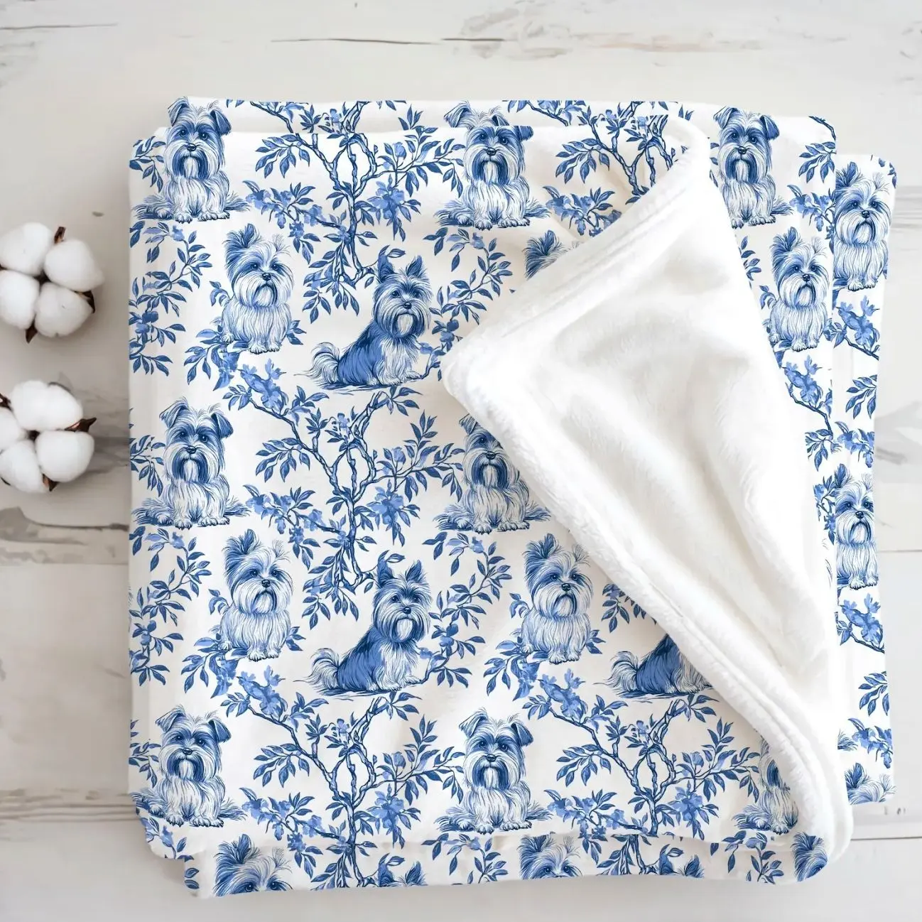Yorkshire Terrier Toile De Jouy Blanket, Blue Chinoiserie Yorkie Mom Throw Dog Lovers Gift, New Puppy Owner Present Pet Lover Home Decor