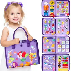 Montessori Toddler Busy Board, Sensory Activity Board, Mermaid Theme Multi-Functional Activity Book, Letters, Preschool Alphabet Tool, Numbers, Shapes, Life Skills, Portable Travel Toy, Preschool Gift