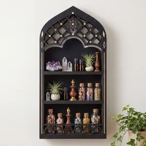 FNYDOX Gothic Decor Trinket Shelf, Medieval Goth Home Decor Perfume Crystal Essential Oil Nail Polish Display Rack, Cottagecore Vintage Wooden Floating Shelves for Bedroom Living Room Wall Art Gift