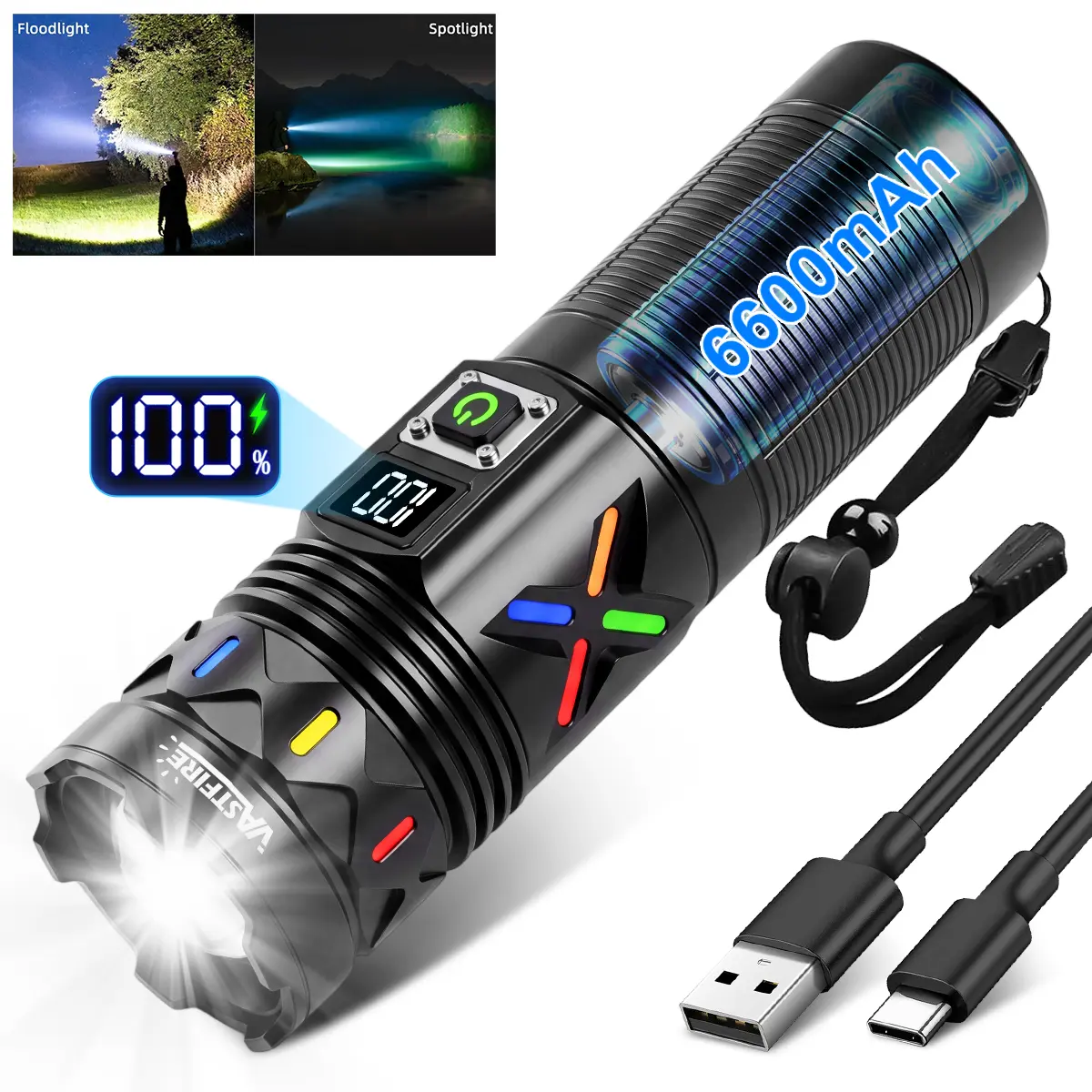 VASTFIRE Rechargeable Handheld LED Flashlight, 5000 Lumens Variable Focus Spotlight, USB-C Charging, 6600mAh Battery with Digital Power Display, IPX4 Waterproof Compact Tactical Flashlight for Camping, Night Work, Outdoor Use & Daily Gift