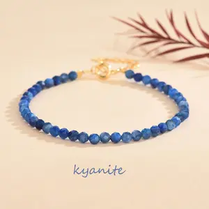 Natural Blue Kyanite Bracelets - 3mm Natural Gemstone Beads with Gold-Colored Chain - Healing Inner Peace - Dainty Women Elegant Bracelet