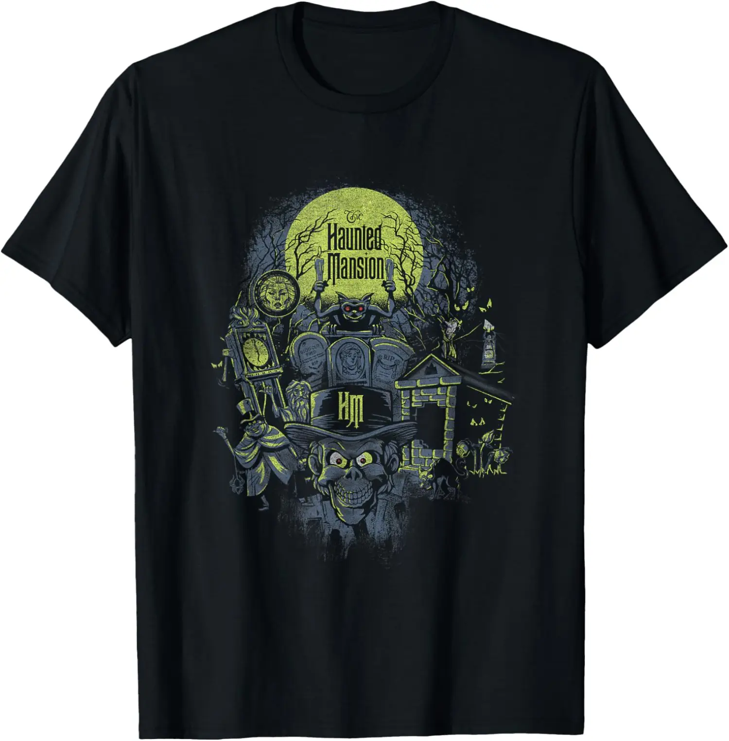 Men's Cotton Graphic T-Shirt - Vintage Haunted Mansion Poster Design, Classic Cut Short Sleeve Crew Neck Menswear Fashion, Halloween Casual Spooky Top, Line Drying, Retro