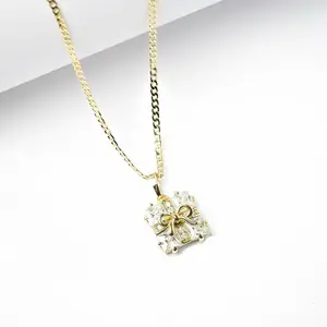 14K Gold Plated Gift Box Pendant Necklace with 2mm Chain 16 18 22 Inches Charming Clear Stones & Bow Design for Special Moments, Multiple Lengths