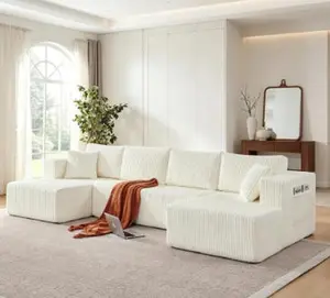 132" U-Shaped Modular Sectional Sleeper Sofa, No-Assembly Corduroy Memory Foam Cloud Couch with Side Pockets, Modern Minimalist Comfy Living Room Indoor Furniture
