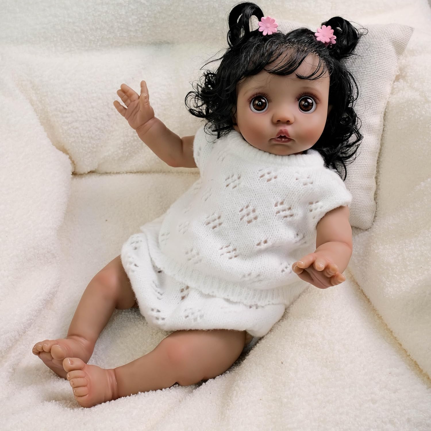 Lifelike Black Reborn Baby Doll Peeka 16 Inch Ultra-Realistic African American Newborn Doll with Curly Hair & Soft Cloth Body for Play & Display