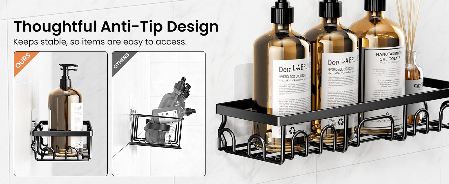 PKBD Shower Caddy 5 Pack Stainless Steel Anti-Rust Adhesive Organizer with Soap & Toothbrush Holders No Drilling for Bathroom Kitchen Home Black