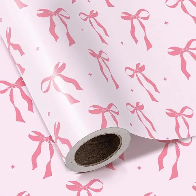 Pink Bow Wrapping Paper Roll - Mini Roll - 17 Inch x 16.5 Feet - Pink Ribbon Bow Design Perfect for Valentine's Day, Girls Birthday, Bachelorette Party