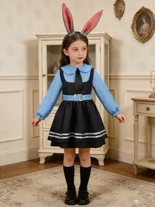 Girls' Rabbit Dress Set, Fake Two-Piece Dress + Ear Headband, Colorblock Design, Kpop & Halloween Party