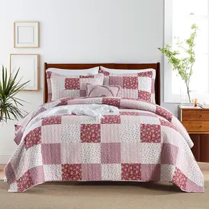 Cotton Bedspread Bedding Sets Reversible Coverlet Sets Comforters Floral Red White Patchwork Pattern Bedspread for All Season, King Size