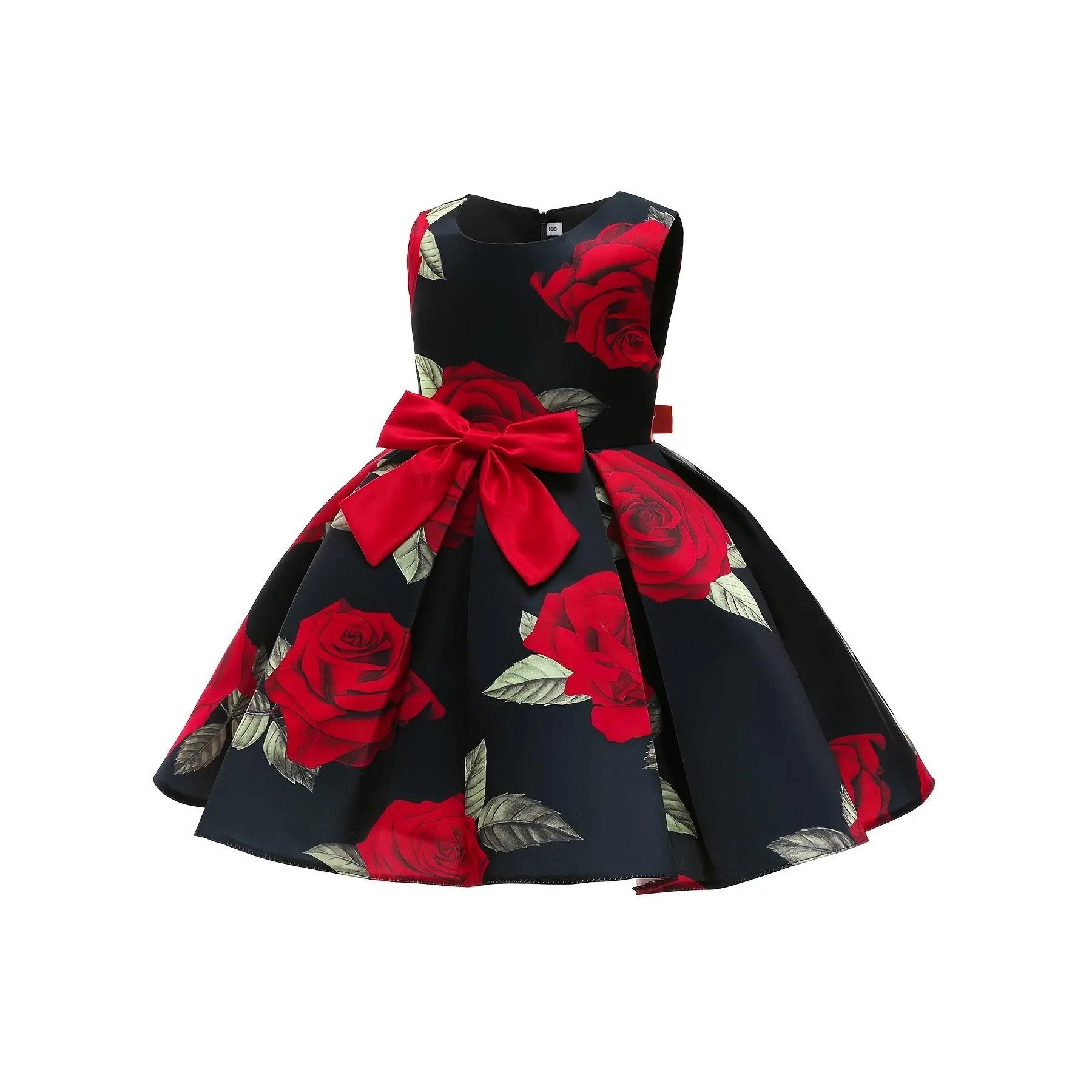 Girls' Party Dress, Sleeveless Princess Style with Floral Print, Polyester Midi Length with Bowknot, Refer to Size Chart, Floral Printed Dress, Printed, 7-8Y, Formal Dress