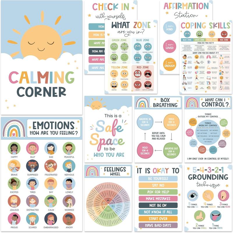 Hartsellshop Emotional Intelligence Posters 12 Calming Corner 10x14 Mental Health Emotions Chart for Kids Durable Laminated Classroom Homeschool Decor for Emotional Regulation Back to School 2025 Mental Health Visual Learning Tools