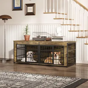 Garvee 63" Double Dog Crate Furniture with Removable Divider | Heavy Duty Wooden Kennel TV Stand for 2 Medium Large Dogs | Chew-Resistant Indoor Pet House End Table | Decorative Grey Dog Cage with Large Countertop | Multi-Functional Pet Furniture