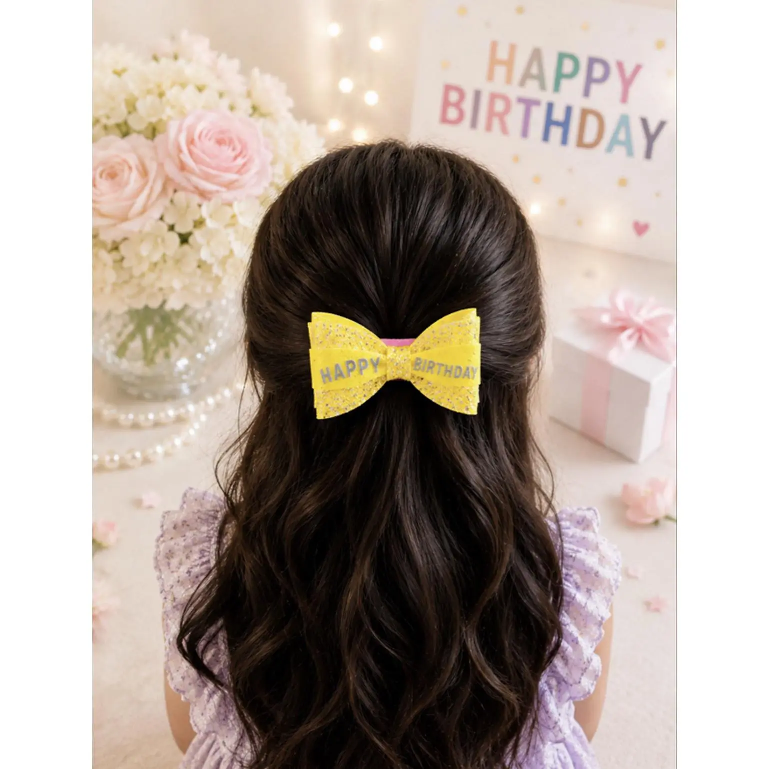 Happy Birthday Chic Hairbow with Yellow and Silver Sequins Super Interchangeable for All Hair Types and Hairstyles