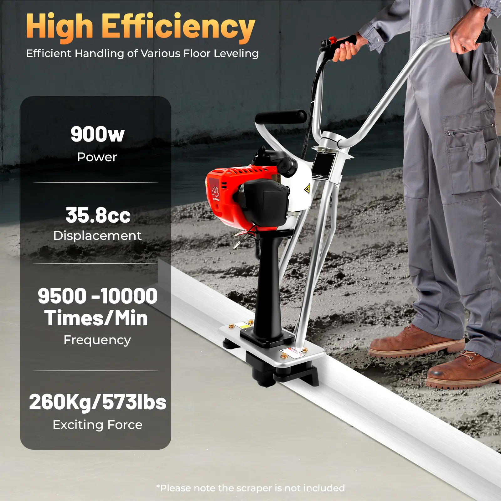 Concrete Vibrating Power Tool, 2025 Viral 4-Stroke 900W Power 9500-10000rpm 573lbs Force Stainless Steel Body with Adjustable Handle, Power Tools