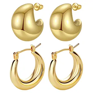 2 Pairs Gold Chunky Hoop Earrings, Hypoallergenic Gold Hoop Earrings Set for Women, Huggie Earrings Small Thick Hoop Earrings for Women Fashion Jewelry
