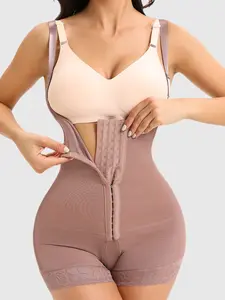 1 Count Women's Butt Enhancing Abdomen Smoothing Body Shaper, Fajas, Colombian Shapewear, Underwear, Solid Color High Stretch Lace Trim Bodysuit, Open Bust Four Rows Adjustable Hook & Eye Closure Shapewear, Perfect for Party & Daily Wear