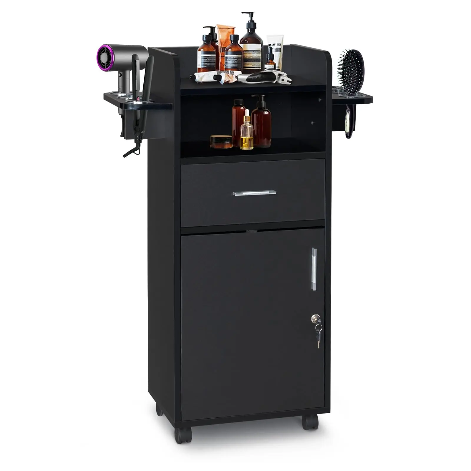Artist Hand Salon Cabinet for Hair Stylist - Hair Station with Wheels, Beauty Salon Trolley Cart with 6 Tool Holders, 360 Degree Fixed Pulley (Black)