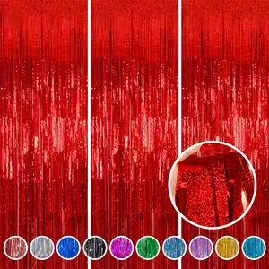 Red Foil Fringe Curtain Happy Mothers Day 3 Pack 3.2 x 8.2 ft Shiny Tinsel Backdrop for Birthday Party Decorations, Photo Booth Background, Red Streamers Decor, Cinco De Mayo Decorations