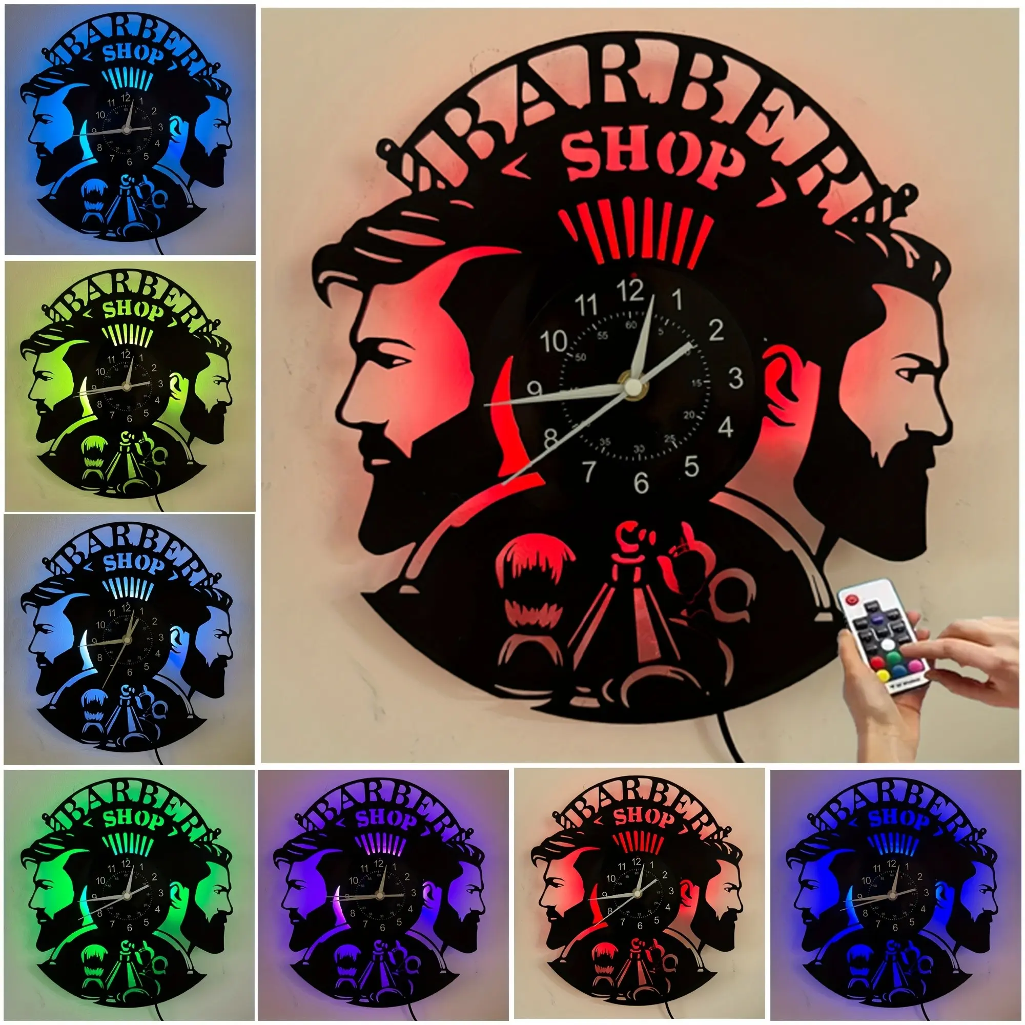 Vinyl Barber Shop Wall Clock, LED Night Light, 7 Color Modes, Digital Display, Irregular Shape, Christmas Theme, No Battery Included