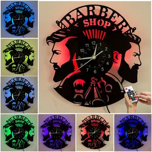 Vinyl Barber Shop Wall Clock, LED Night Light, 7 Color Modes, Digital Display, Irregular Shape, Christmas Theme, No Battery Included