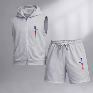 Men's PARIS Graphic Sleeveless Hoodie Shorts Set 2 Piece Outfit Paris Print Zip Up Hooded Vest Drawstring Shorts Summer Casual Gym Workout Streetwear Breathable Lightweight Athletic Lounge Set