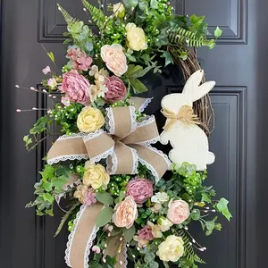 Rustic Easter Bunny Wreath with Pastel Flowers Greenery Artificial Plant Vine Circle for Door Hanging Party Decoration Home Festive Accent Rabbit Decor Ornaments Spring Wreath