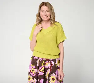 Carla Rockmore Collection Tape Yarn Dolman Sleeve V-Neck Sweater