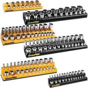 Socket Organizer for Tool Box Drawer, 6pc 143 Metric & SAE Magnetic Socket Holder, 1/4", 3/8", 1/2" Drive Socket Tray Set, Magnetic Socket Organizer