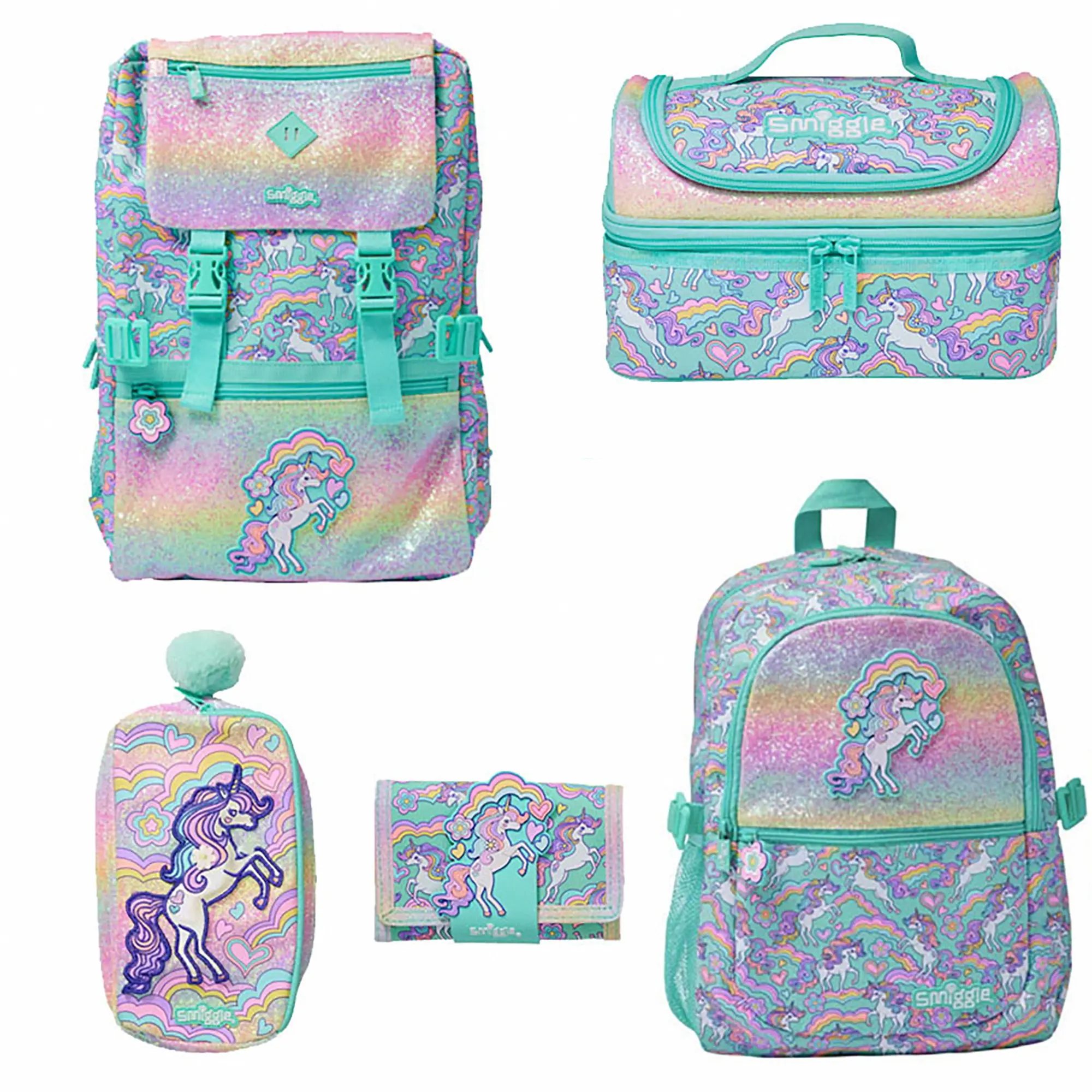 Smiggle Mint Green Rainbow Unicorn Backpack Set - Cute Glitter School Bag Lunch Box Pencil Case Set for Girls