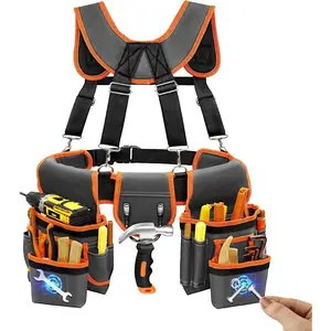 Heavy Duty Professional Tool Belt for Men, Magnetic Tool Pouch With Adjustable Detachable Suspenders, Utility Work Bag for Electrician Carpenter, Gray Orange Fits 32''-66'' Waist
