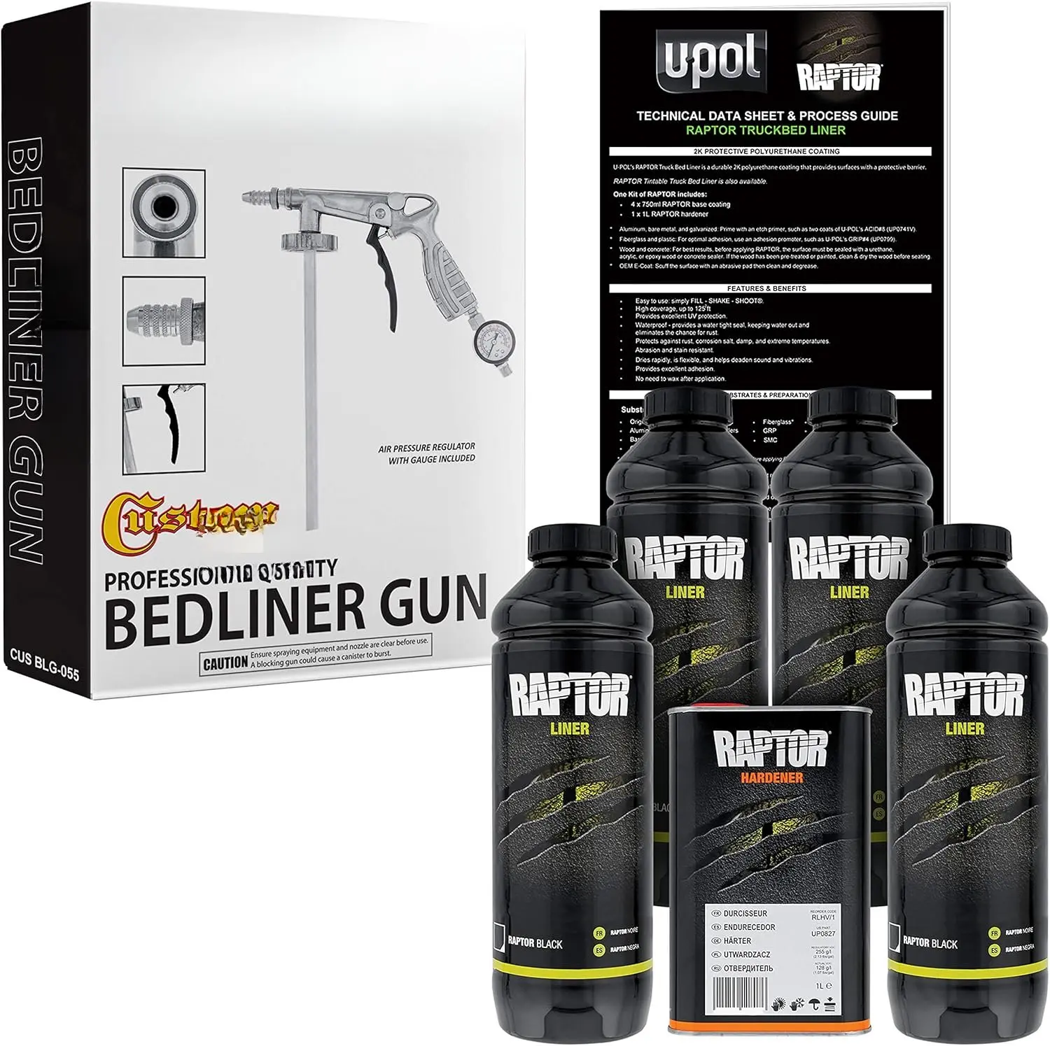 U-Pol Raptor Black Urethane Spray-On  Bed Liner Kit w/Free  Coat Spray  with Regulator, 4 Quarts