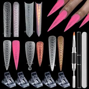 Dual Forms for Polygel, 300PCS 3D Snake Skin Pattern Nail Forms for Builder Gel Reusable Full Cover Soft Clear Poly Gel Nail Tips Stiletto Coffin Forms With Nail Clips Gel Brush Pen Nail Files