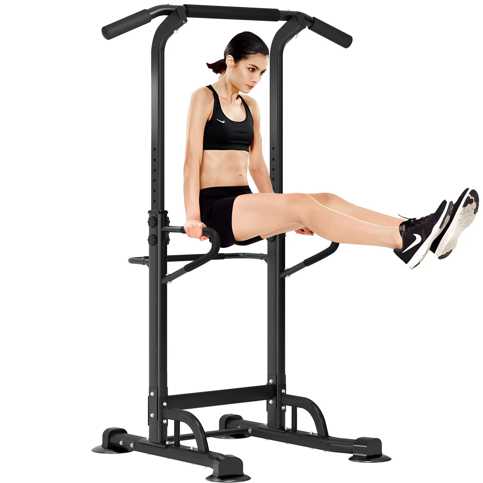 Soges Multi-Function Adjustable Power Tower, 35.4"W x 28.3"D x 59"-82.6"H Free Standing Home Gym System, 330LBS Weight Capacity Pull Up Bar & Dip Station for Strength Training, Heavy Duty Steel Frame Fitness Equipment for Home Workout
