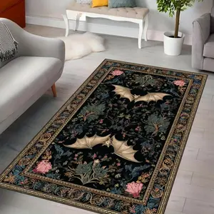 Velvet Gothic Bat Mat  Rug, Featuring Black Gothic Decorations, Bats,  Machine Washable Rug Suitable for Living Rooms, Bedrooms