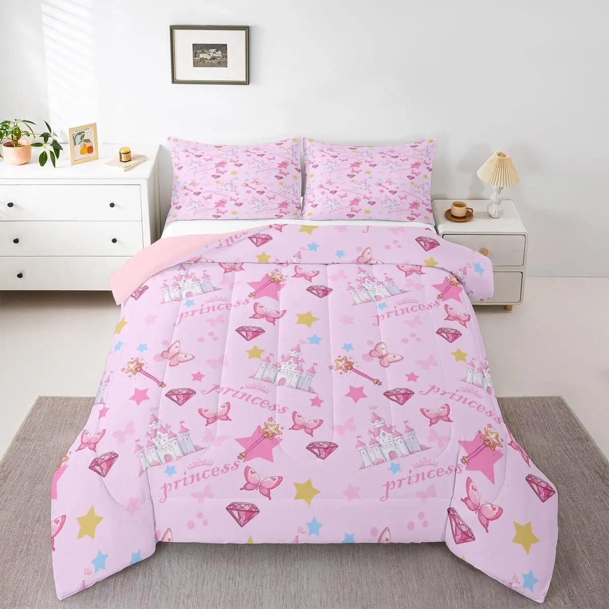 Butterfly Fairy Castle Comforter Set Cartoon Princess Bedding Set for Kids Boys Girls Magical Fairy Tales Duvet Quilt Diamond Stars Bedroom Decor