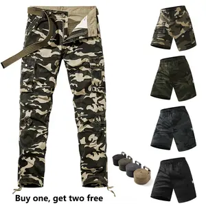 Men’s High Waist Camo Cotton Cargo Pants, Loose Straight Plus Size Winter Trousers with Multi Pockets, Buy 1 Get 2 Free – Random Camo Shorts & Belt Included