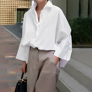 Women's Oversized Cotton Blouse Long Sleeves Solid Color Lapel Collar Baggy Casual Tops All Seasons
