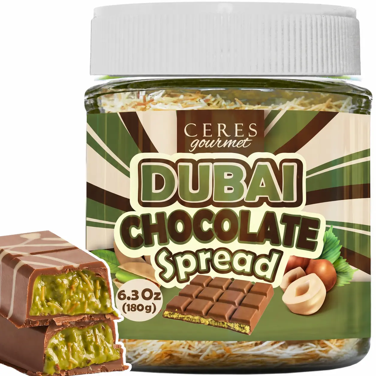Gourmet Dubai Chocolate Spread - 6.3 oz Jar with Pistachio, Kataifi Filling - Food Sweet Topping for Pancakes, Breakfast, Snacks