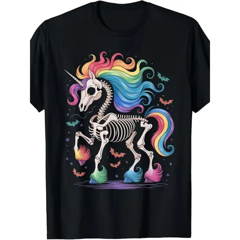 Men's Vintage Unicorn Skeleton Graphic Print Cotton T-Shirt - Vintage Clothing, Casual Relaxed Fit, Short-Sleeve, Round Neck, Soft Fade-Resistant Vibrant Fabric Street Style Top