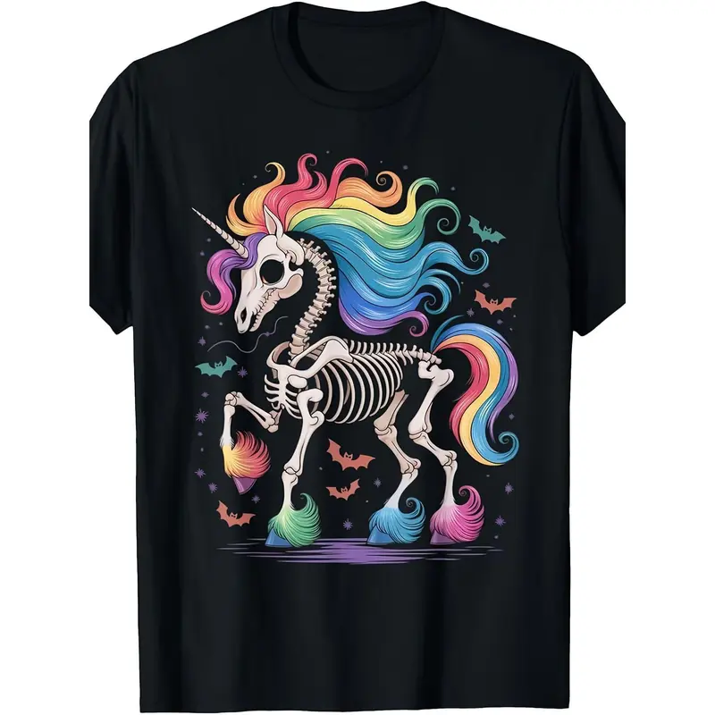 Men's Vintage Unicorn Skeleton Graphic Print Cotton T-Shirt - Vintage Clothing, Casual Relaxed Fit, Short-Sleeve, Round Neck, Soft Fade-Resistant Vibrant Fabric Street Style Top