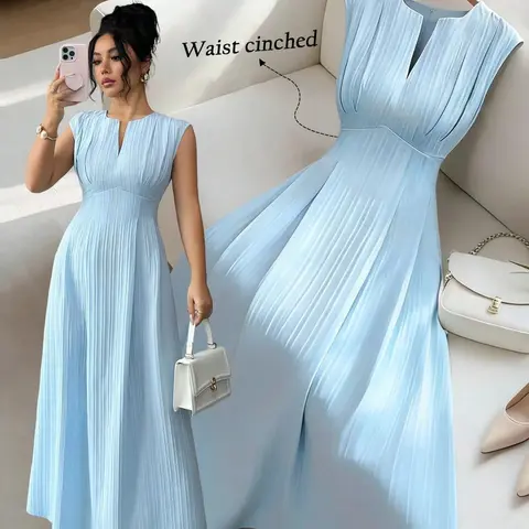 Elegant Minimalist V-Neck Sleeveless A-Line Midi Dress, Summer Chic Womenswear, Beach Holiday Dress, Casual Waist-Cinched Design, Perfect for Everyday Wear, Daily Casual Dress, Comfortable and Stylish