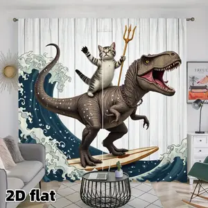 2D Flat 2Pcs Funny Dinosaur Cat Surfing Wave Curtains Ocean Theme Curtain Panels Aquatic Style Window Drapes Trident Gold Rod Pocket Treatment for Living Room Bedroom Kitchen Bathroom Home Decor Washable