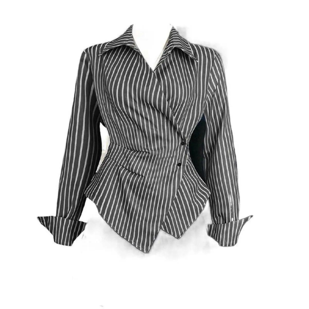 Women's Striped Collared Blouse - Open Front, Cuffed Long Sleeves, Asymmetrical, Soft Breathable Fabric, Modern Fit, Casual Elegant Layering Piece, Multiple Sizes Available